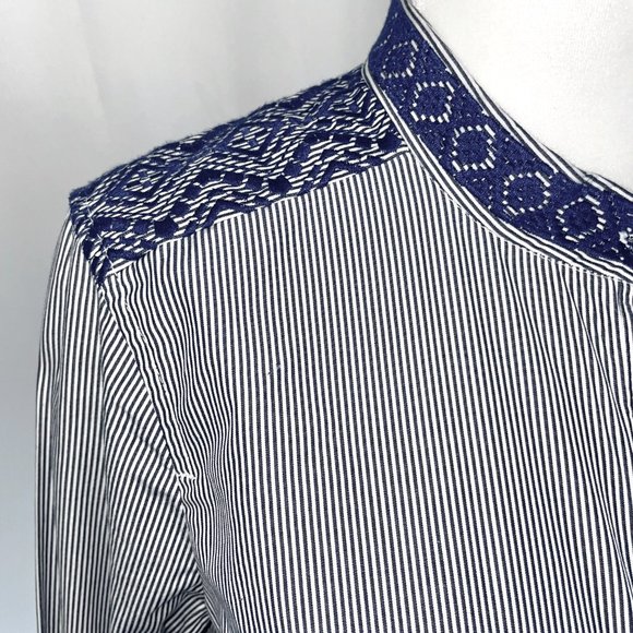New C Wonder Embroidered Striped Collarless Button Down Shirt Indigo Size XS - Picture 4 of 16